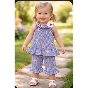 Rare Editions Toddler Girls Blue White Striped Floral Embroidered Outfit Set 24M